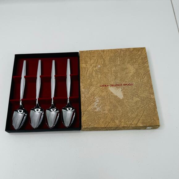 Set of 4 Vintage Citra Stainless Steel Orange / Grapefruit Spoons, Japan, 5" - Picture 1 of 5